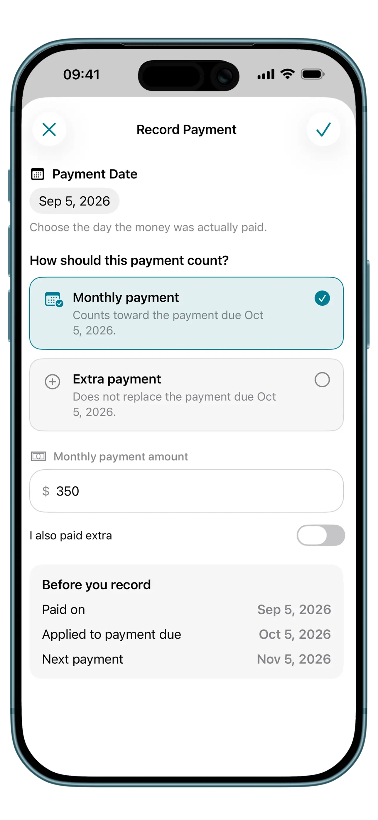 Record real payments